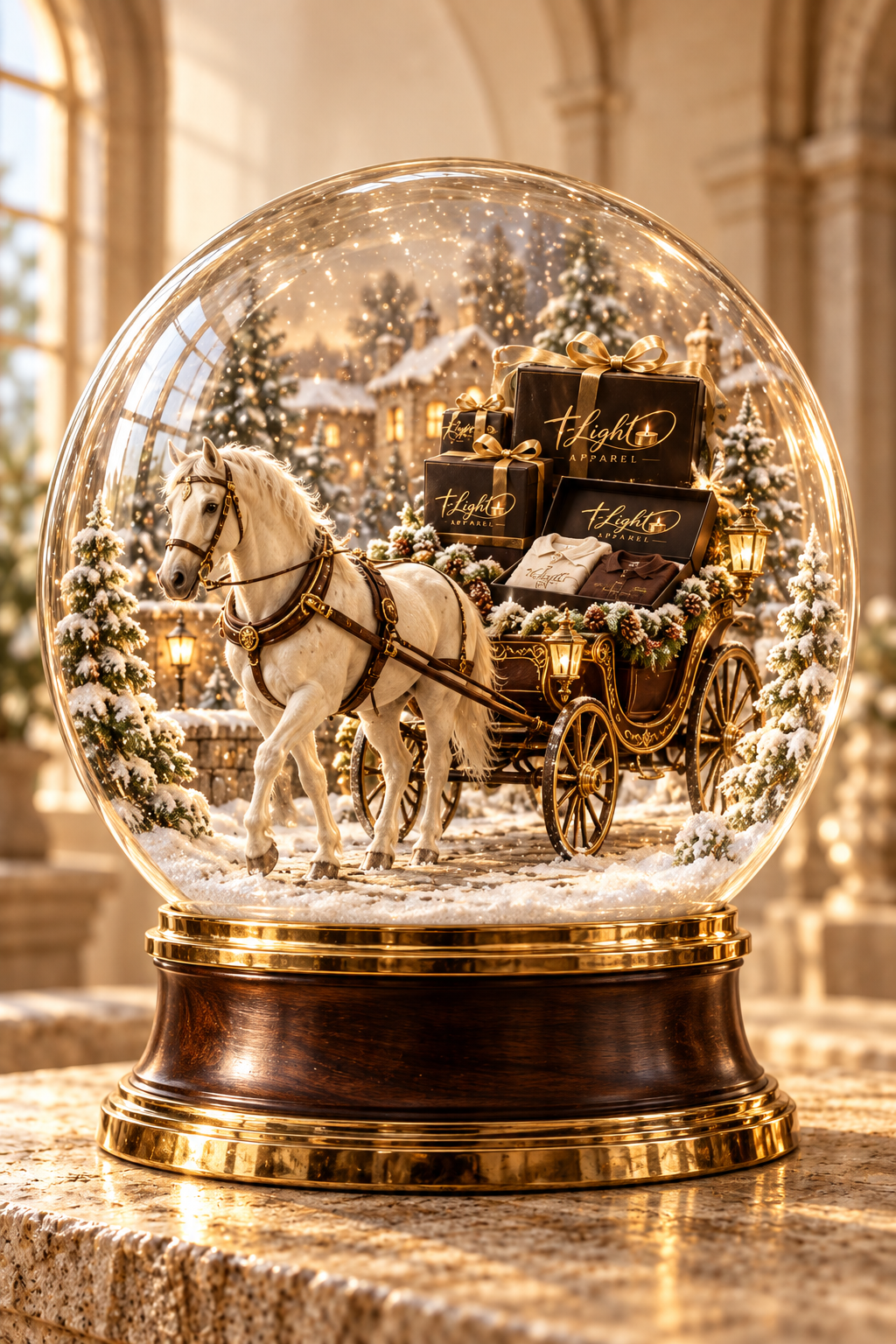 A golden glass snow globe with a cream horse pulling a gift-filled carriage through a miniature winter landscape